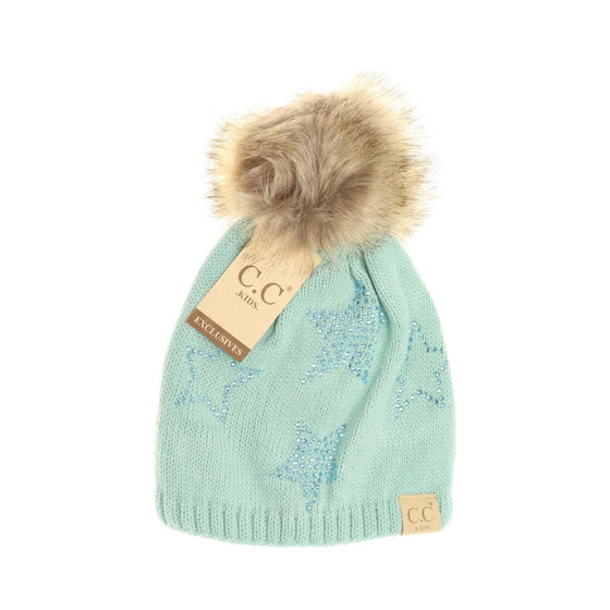 C.C Kids Rhinestone Star Fur Pom Beanie - KIDS501