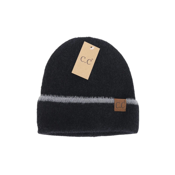 C.C Feather Yarn Striped Cuff Beanie - HTC0039