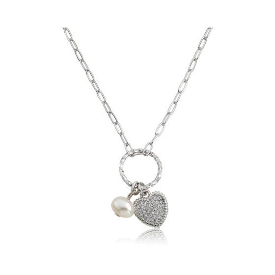 Twin Stars Paperclip Chain Micro Pave Heart and Pearl Necklace - NE4732B-14E